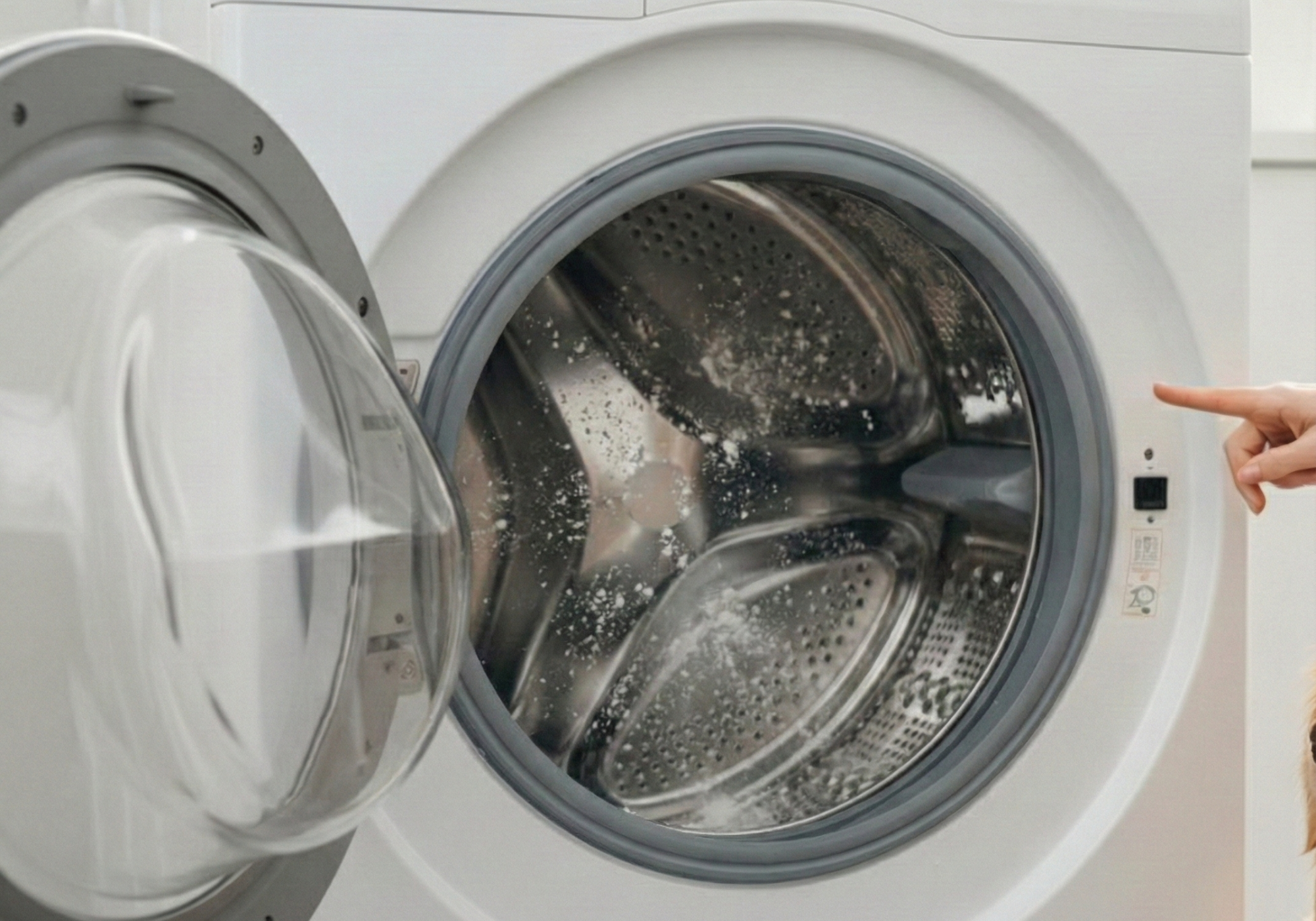 Open washing machine drum with a hand pointing inside, likely indicating cleaning or inspection.