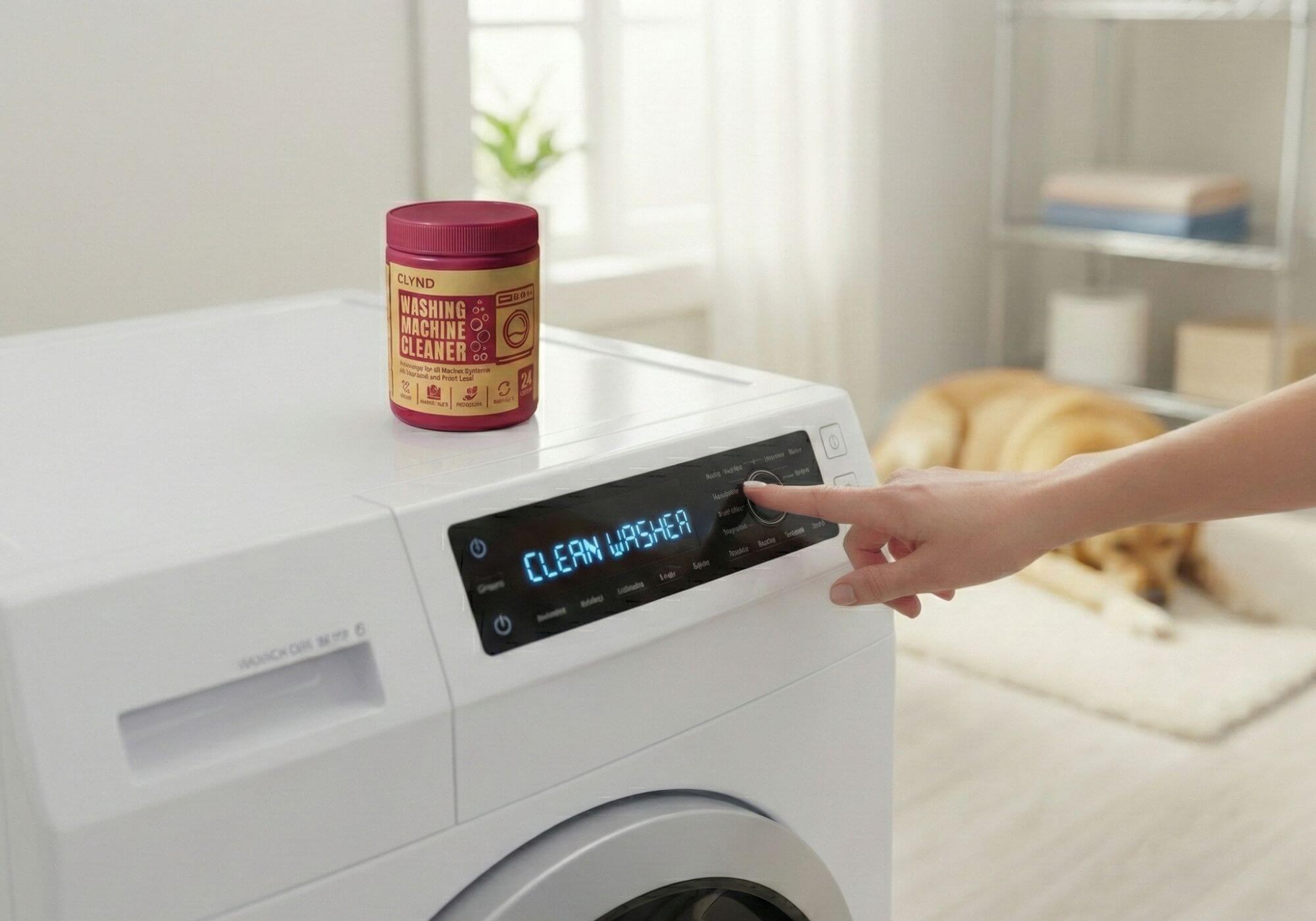 Person using a washing machine with a cleaning product on top, in a home setting.