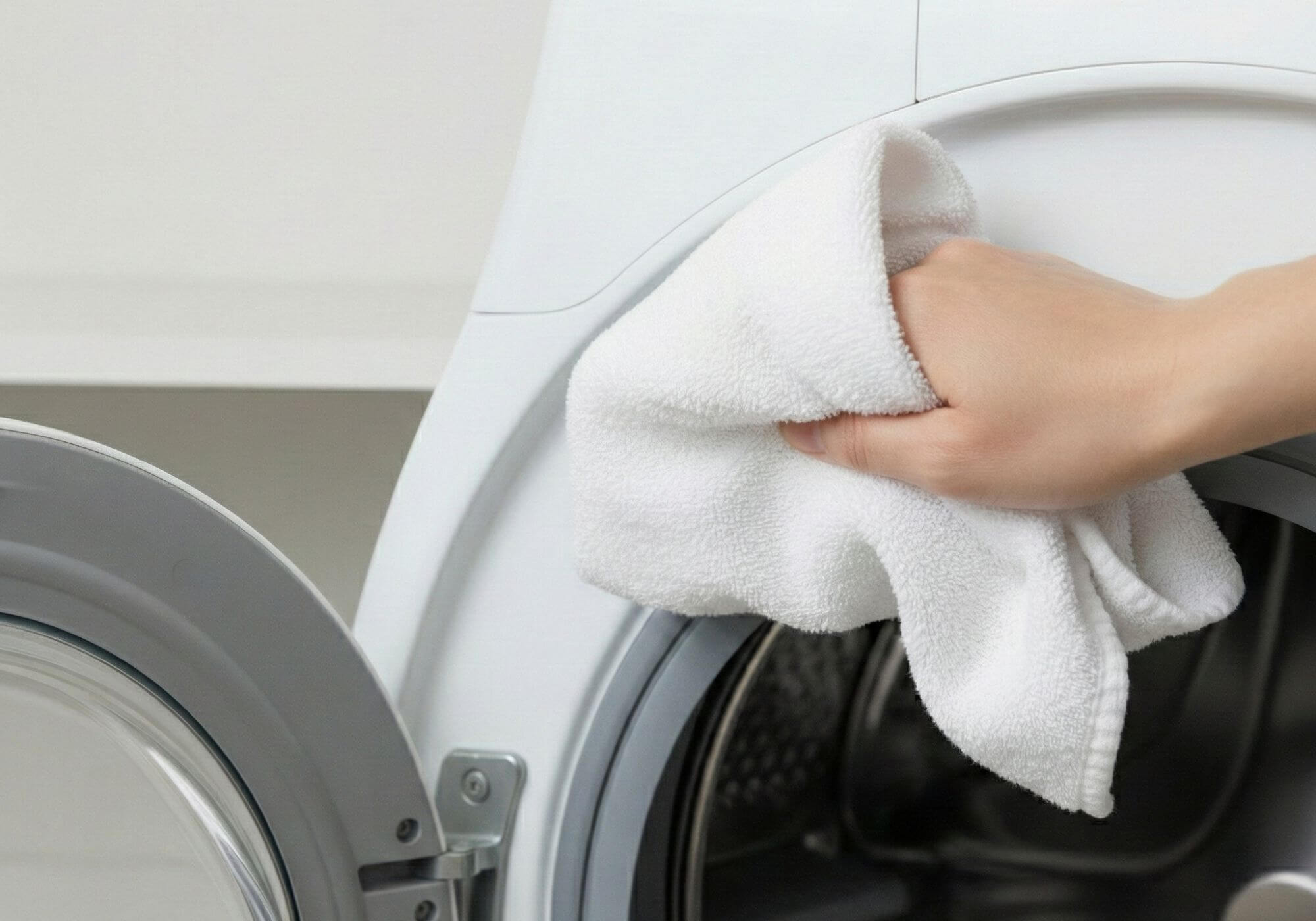 Person cleaning a washing machine with a white towel