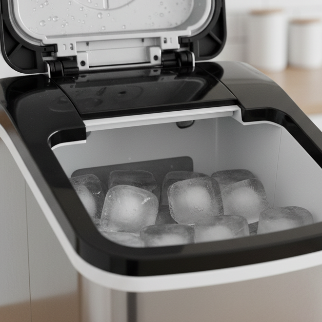 Portable ice maker with ice cubes on a kitchen counter