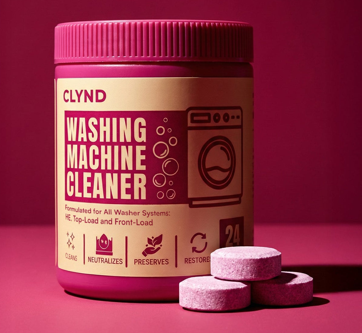 Clynd washing machine cleaner with pink lid and tablets on a red background