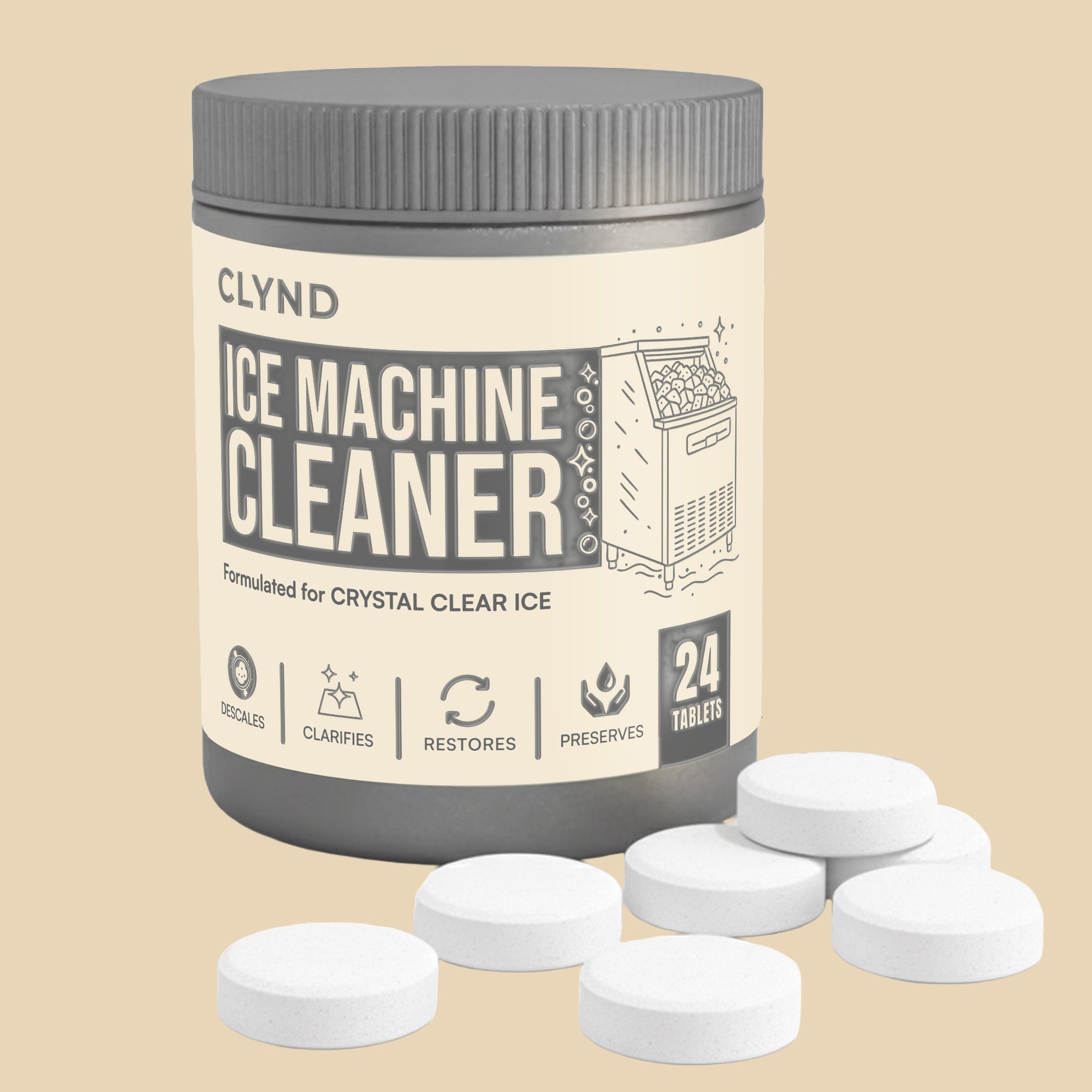 CLYND Ice Machine Cleaner Tablets – Deep Cleaning Descaler for Countertop & Commercial Ice Makers | Removes Limescale, Odor & Mineral Buildup | Odor-Free Formula (24 Tablets)